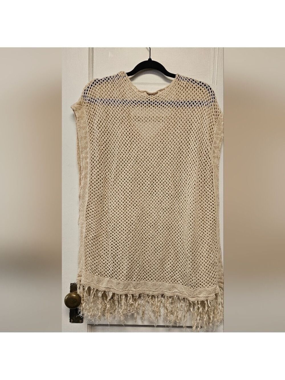 One World Beige Knit Poncho with Fringe Size 2XL - Picture 6 of 7